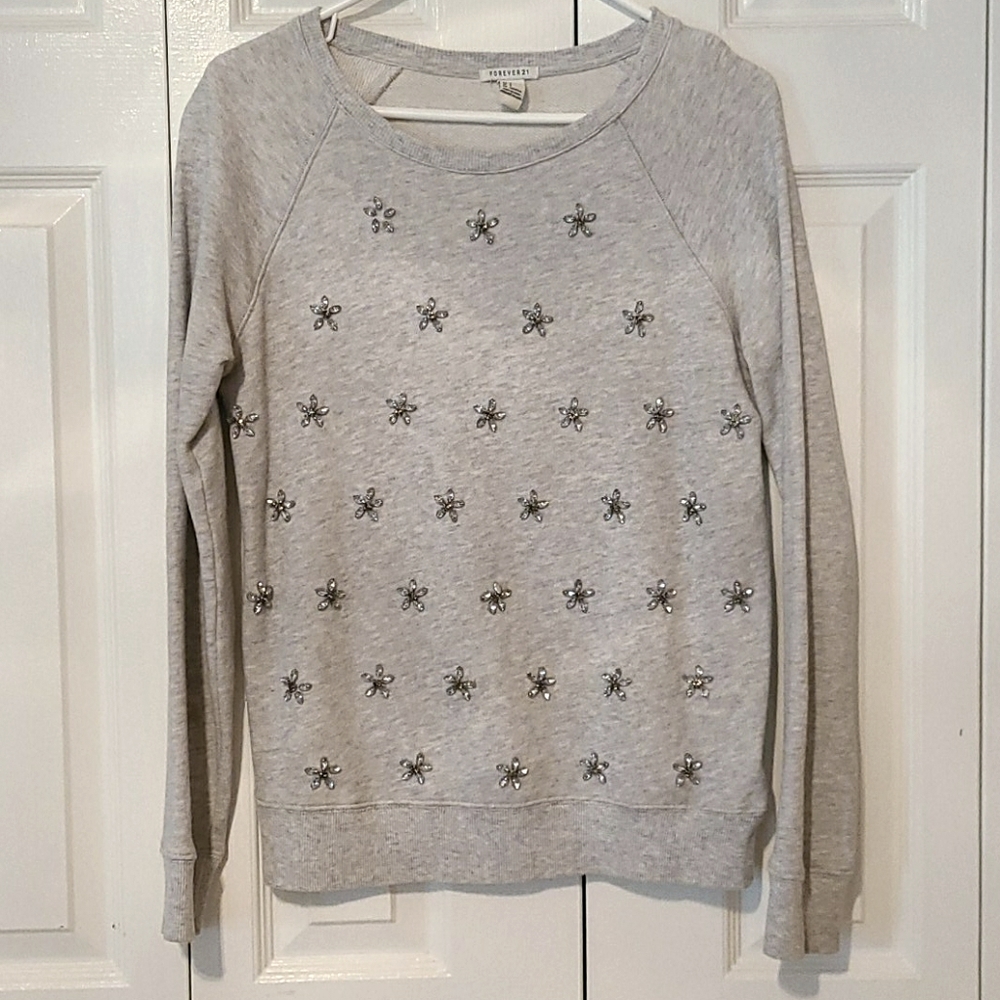 Forever 21 Grey Sweatshirt with Flower Jewels